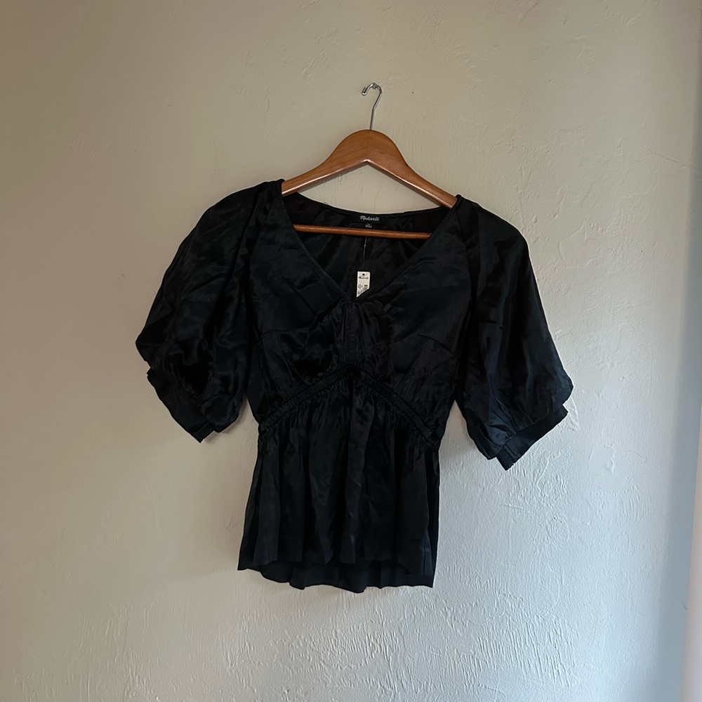 Madewell Black Tie Front Puffed Sleeve Blouse